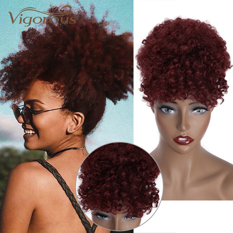 Vigorous Wholesale Cheap Kinky Curly Bang Ponytail Upo Hair Extensions Burgundy Chignon For Black Women Synthetic Afro Hair Bun