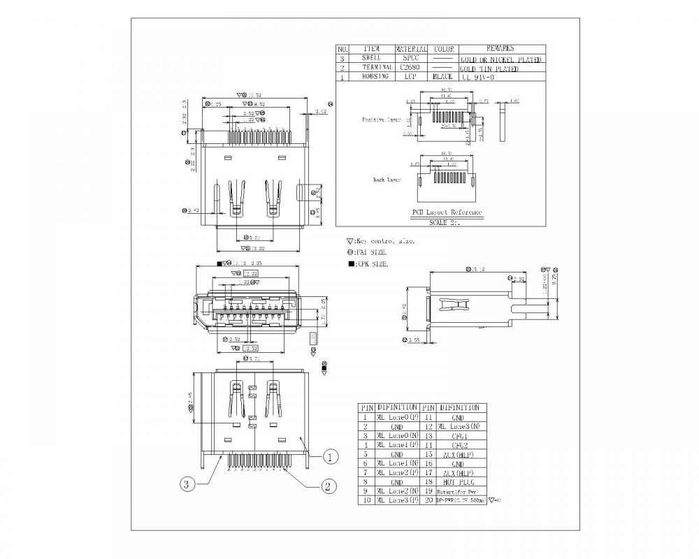 ディスプレイポートメスストラドル1.2mm、SPCCシェル、エッジカール付き