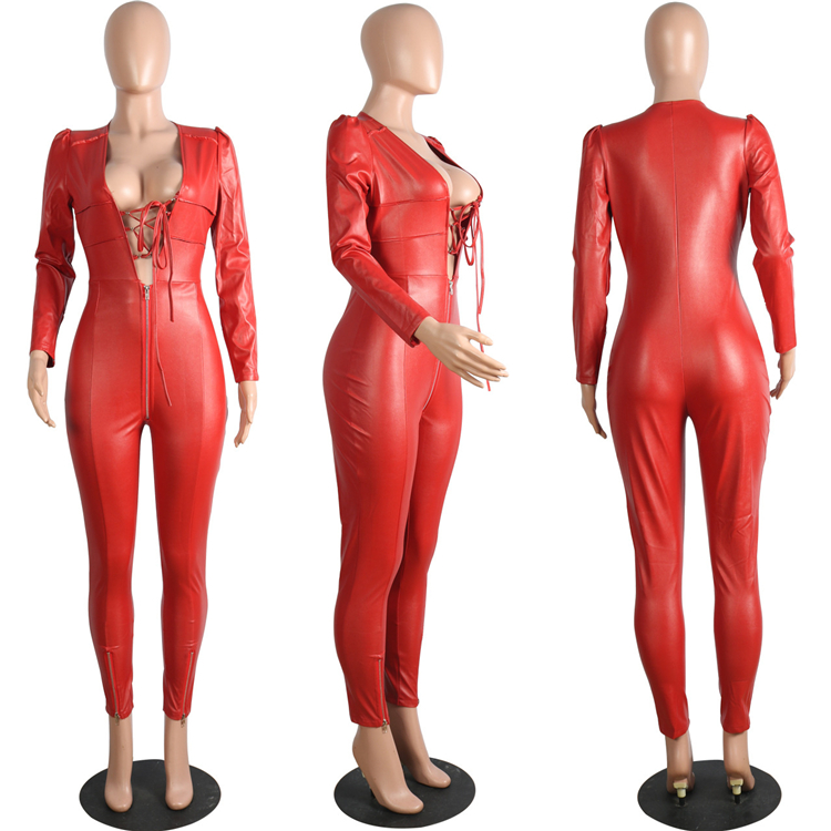 C3660 2020 new arrivals jumpsuit sexy hollow bandage solid color long sleeve V neck PU zipper women jumpsuit women onesie