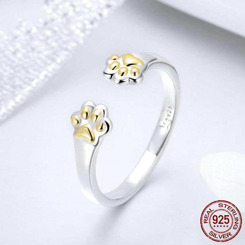 sterling silver 925 cute dog bear Paw prints women rings silver 925 adjustable open ring