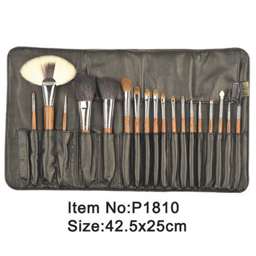 plástico madera simulación 18pcs manejar animal/nylon pelo maquillaje cepillo conjunto de herramientas con estuche de cuero negro PU