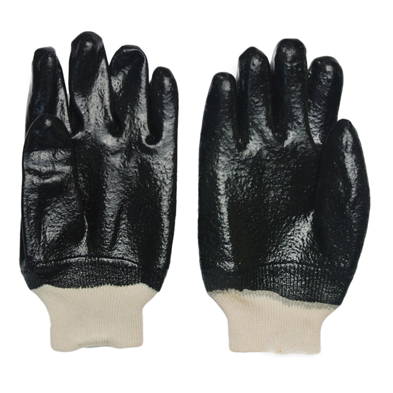 Cheap Rough Finished Dipped Palm Industrial Construction Anti Slip Fully Coated Black PVC Knitted Wrist Cotton Work Gloves