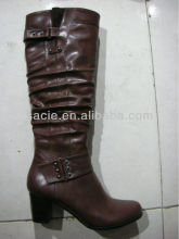 Ladies Women Middle Heel Wine Red Winter Boot Wrinkles Deco