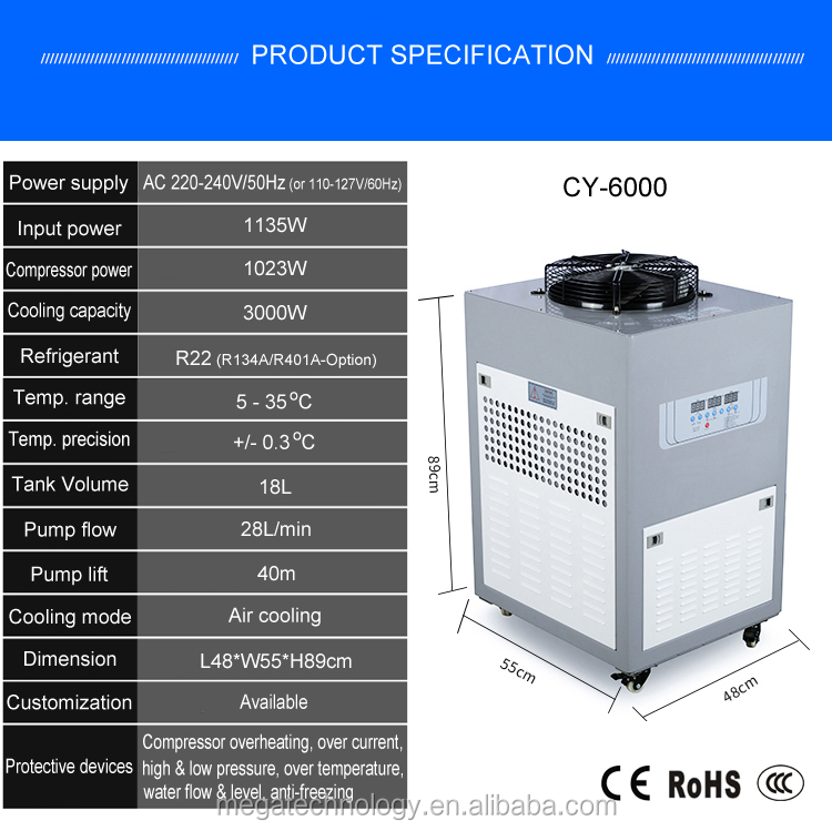 CE qualified  1PH 3000W chiller water cooler air cooled industrial water chiller for LED UV dryer