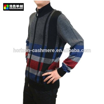 Double Zipper Men Cashmere Wool Knitwear, Intarsia Cashmere Wool Sweater