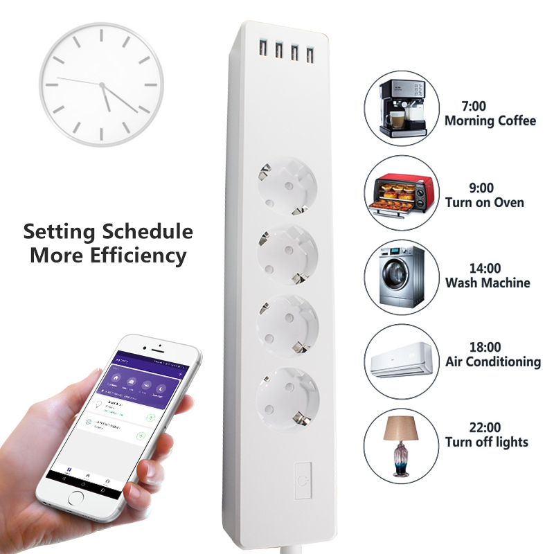 Eu Power Strip Power Extensions Strip Smart 4 Outlet Power Strip European Surge Protector TUYA