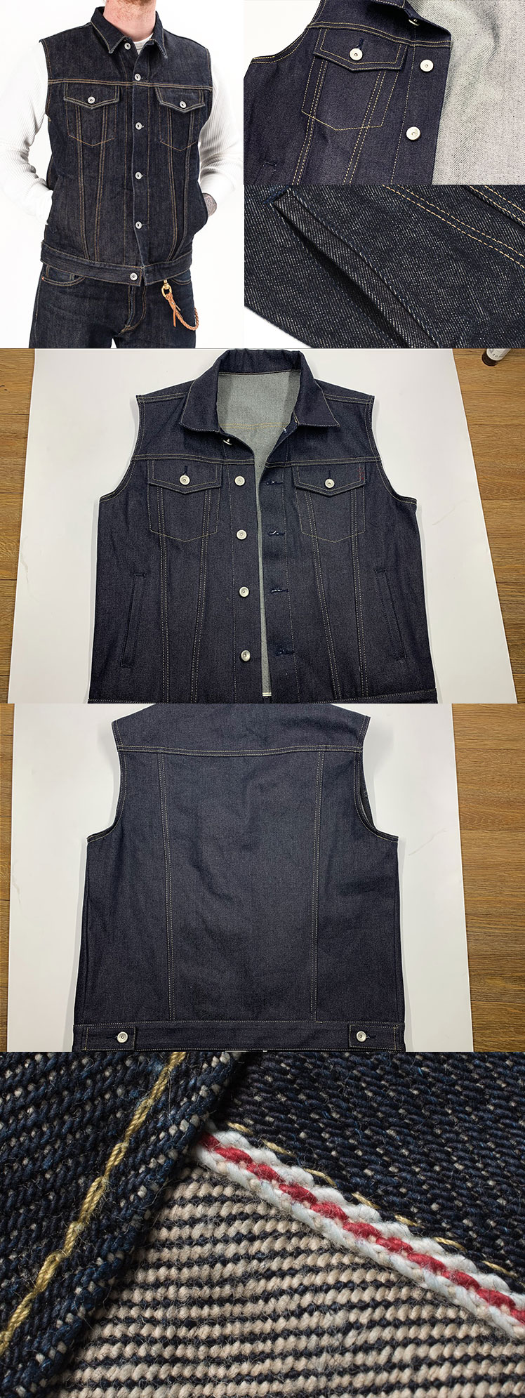 Jeans Jeans Jeans Material de jeans personalizado a medida 17 oz de 17 oz sin mangas Selvedge Denim Vest al por mayor Precio bajo