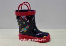 cute kids rubber rain boots with handle and rocket print