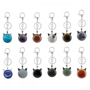 Gemstone Cat Shape Keychains de piedra de cristal Bolsa de animales Natural Charm Cadena Key Chain Quartz Jasper Key Ring para regalo de aniversario