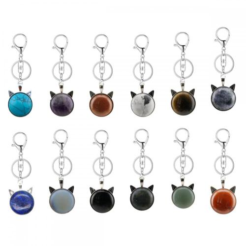 Gemstone Cat Shape Crystal Stone Keychains Natural Stone Animal Bag Charm Key Chain Quartz Jasper Key Ring for Anniversary Gift