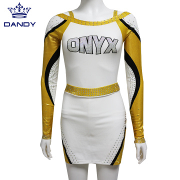 Custom yellow and white cheerleading uniforms
