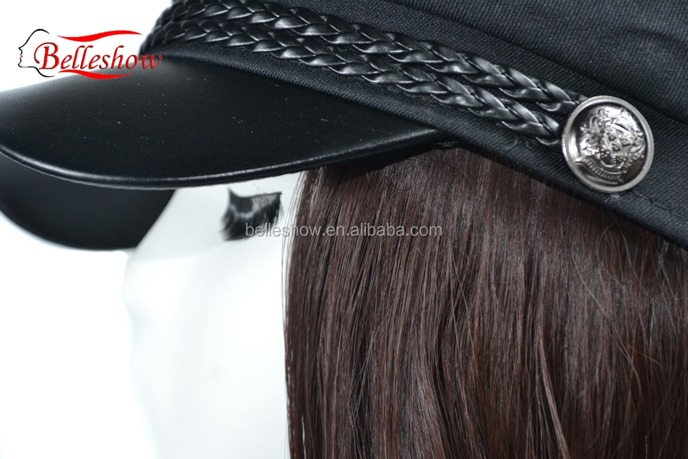 Hot sell Navy hat wig cap fashion girl black straight wig cap Long straight hair hat wig long straight hair