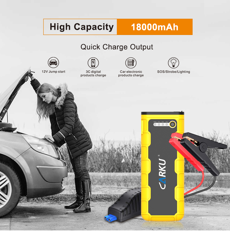 CARKU emergency 1000A jump start battery pack jump starter with 5V/1A,5V/2A, 12V/10A, 19V/3.5A Ports and LED