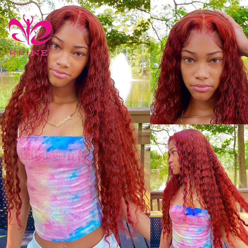 99J Colored Lace Front Human Hair Wigs Deep Wave Burgundy 13x4 HD Transparent Lace Frontal Wig Glueless Wine Red Wig For Women