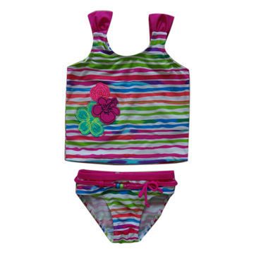 Girl's tankini with embroidery flowers, belt, beads on waist
