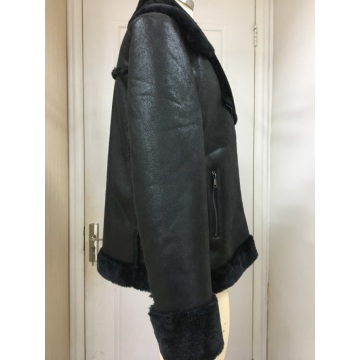 Blouson de moto en peau de mouton retournée en similicuir noir