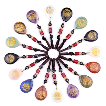 Gemstone Carved Gold Tree of Life Teardrop Pendant Keychain Natural Stone Water Drop Pendant Keyring Bag Tag