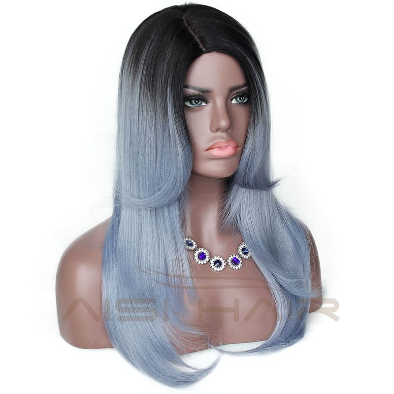 Japanese Synthetic Hair Wig Part Side Ombre Grey Wig For African American Women Heat Resistant Fiber