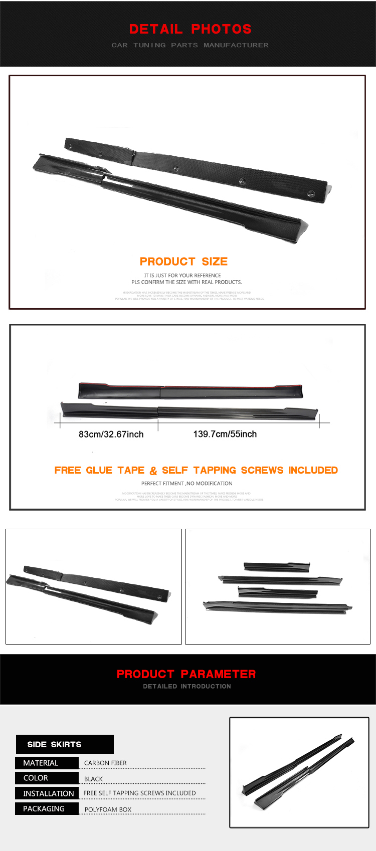 4PCS/SET RZ Style Carbon Fiber Auto Side Door Skirts for Tesla Model S 14-17