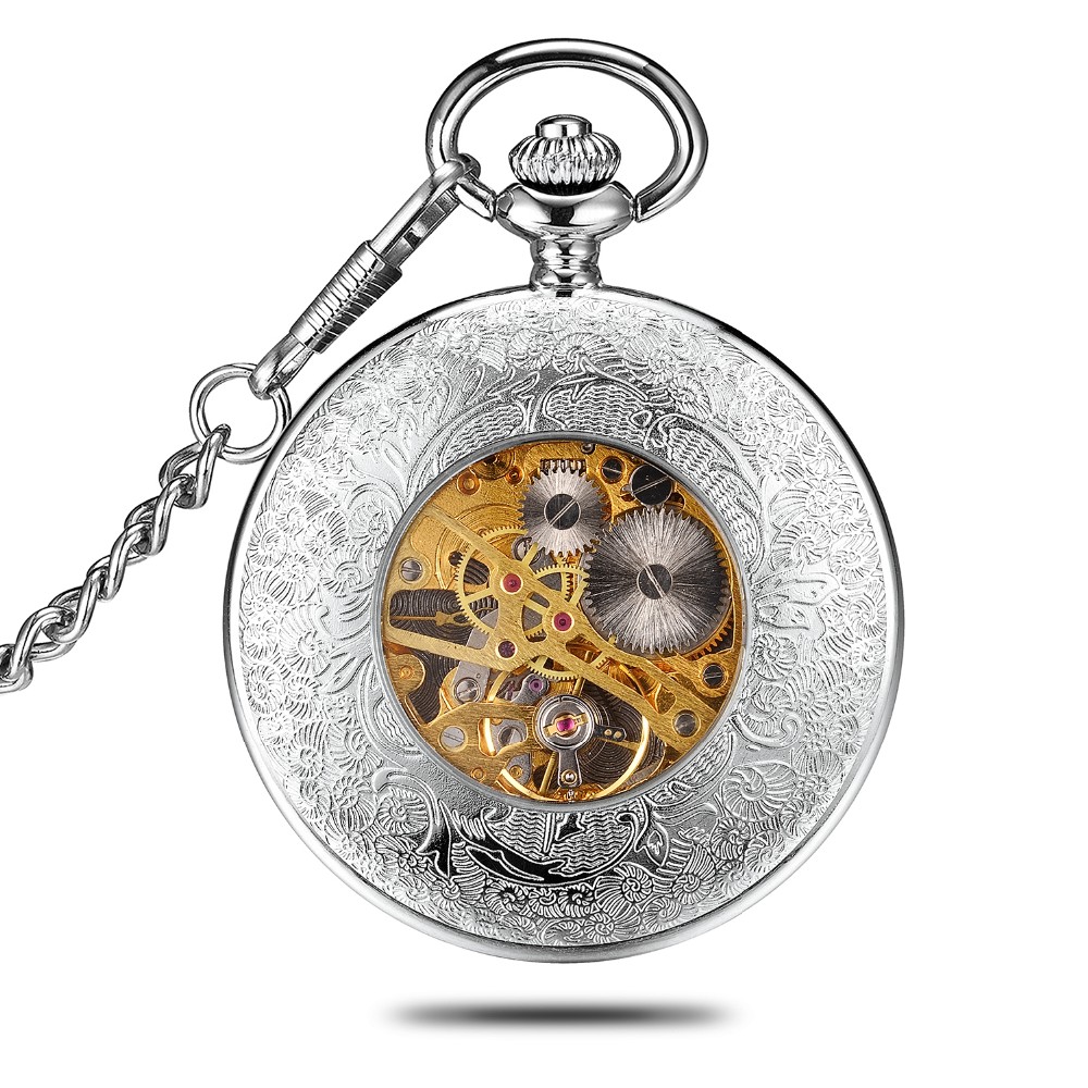 Customized Skeleton Mechanical Half Wind Pocket Watch Roman Numerals Half Hunter Vintage Mens Watch with Chain