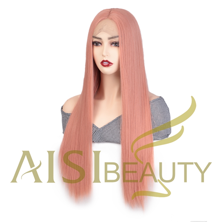 Aisi Beauty Hot Selling Wholesale Long Silky Straight Pink Pre Plucked Middle Part Synthetic Hair For Black Women Lace Front Wig
