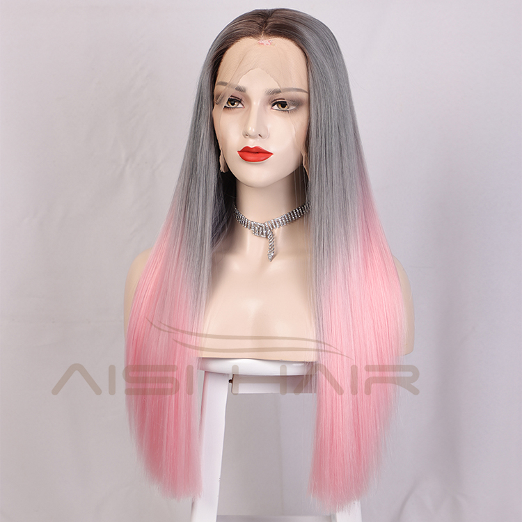 Aisi Hair Wholesale Long Silky Straight Ombre Pink Dark Root Lace Wig Middle Part Synthetic Hair Lace Frontal Wigs For Women