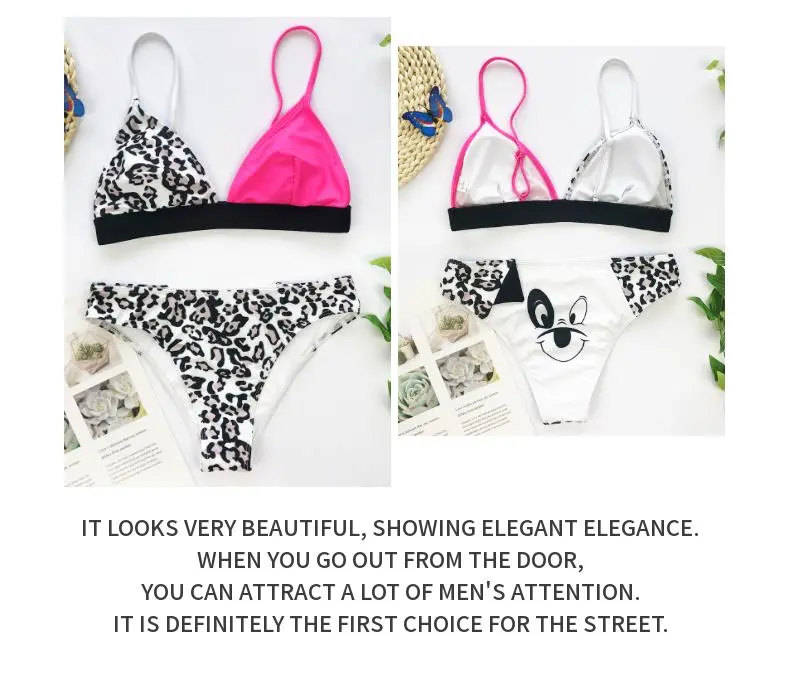 Wholesale Summer off Shoulder Cartoon Bikini Strap Two Pieces Leopard Cute DOT Women Swimwear