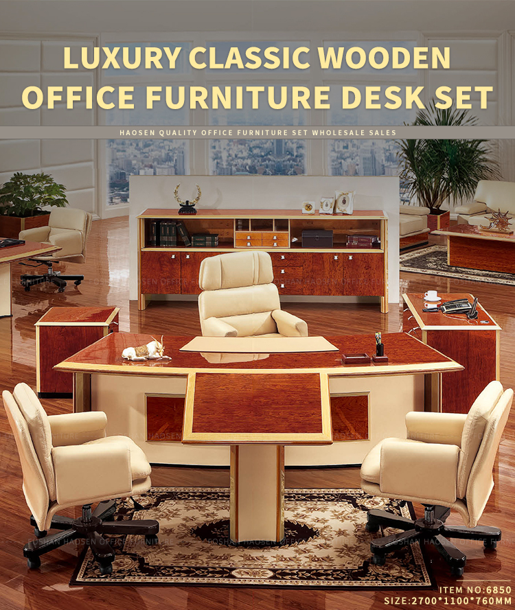 Wooden Luxury Italian style president royal executive Business office desk and leather chairs set