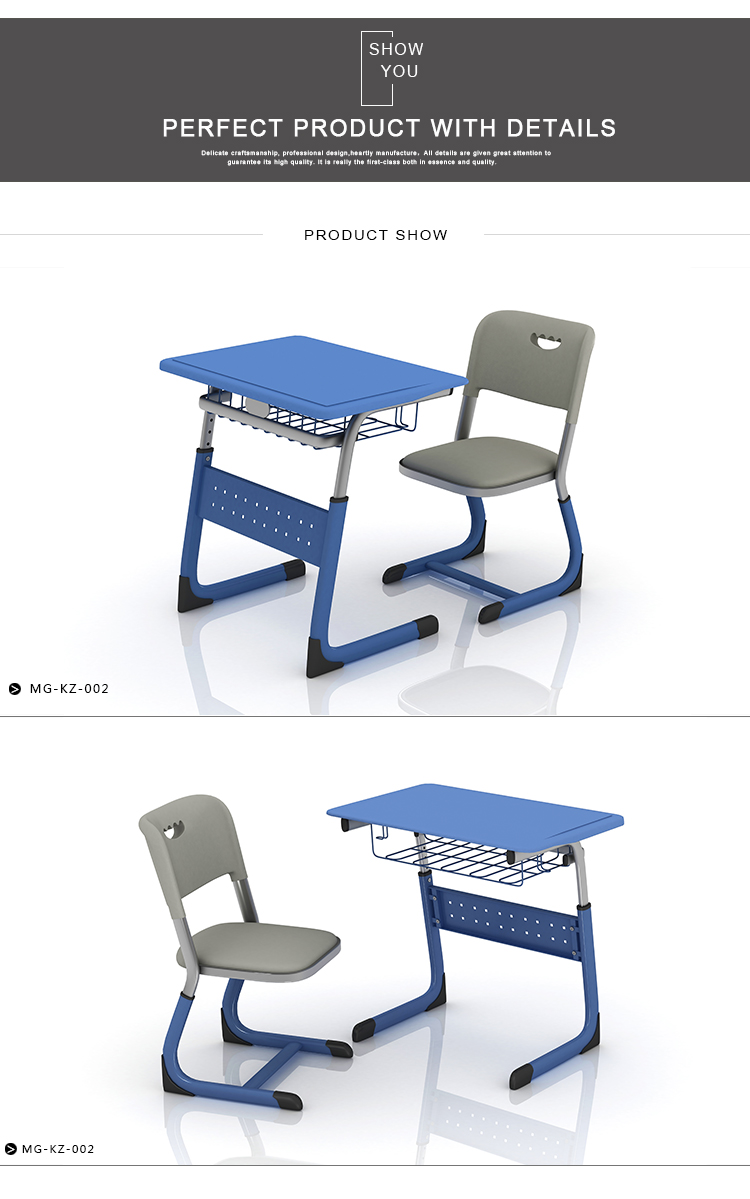 Cheap price environmental PE/PP blue school furniture classroom height adjustable kids study table and chair