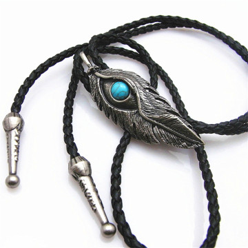 Bolo Tie New Retro Shirt Chain Blue stone Eye Feather Poirot Collar Leather Necklace Long Tie Pendant