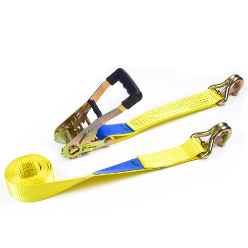 2" 5 Ton 50mm Rubber Handle Ratchet Buckle Tie Down Yellow Straps With 2 Inch Double J Hooks Safety Latch