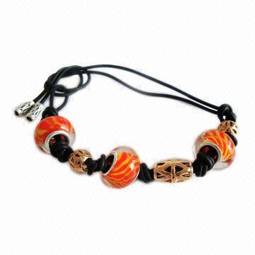 Fashionable Bracelet with Glass and Metal Charms, Black Ropes with Knots for Adjustable Sizes