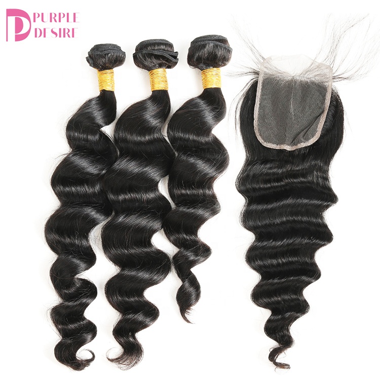 wholesale loose curly Indian human remy hair bundle, natural loose curly virgin bundles with closure