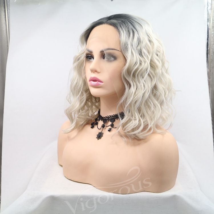 Short Ombre White Bob Body Wave Premium High Quality Curly Wholesale Women's Pixie Cut Synthetic Hair Wigs With 13x3 Lace Front