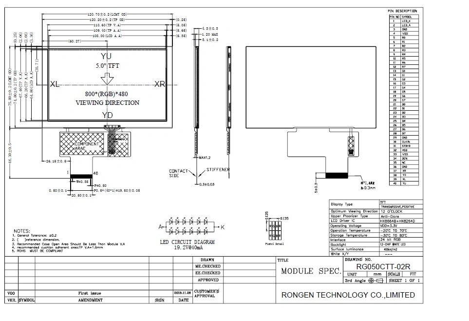 5.0 Inch 800*480 TFT LCD Screen with Resistive Touch Screen