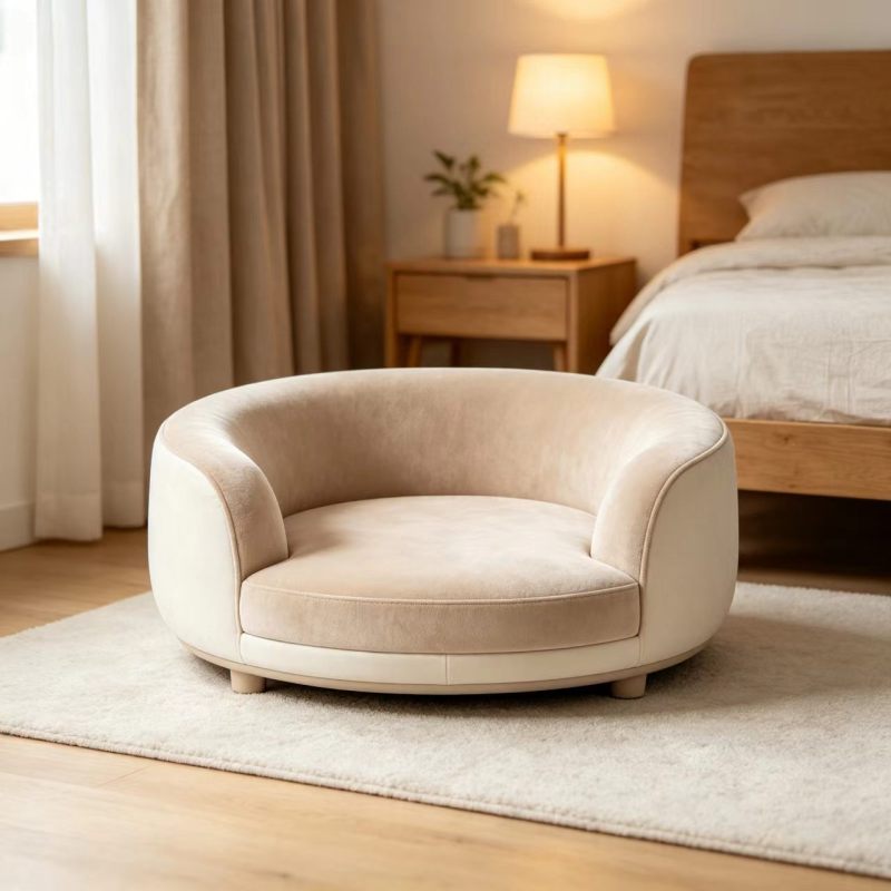 Round Curved Pet Sofa Bed with Wooden Legs, Two-tone Velvet Bolster Dog Bed, Low Entry Enclosed Pet Couch, Removable Washable Co