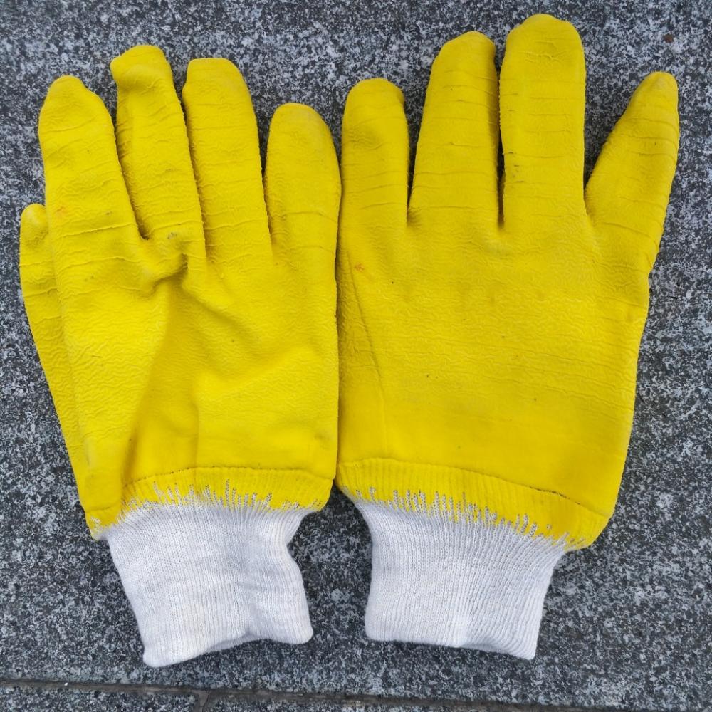 黄色のラテックス綿の裏地の手袋ニット手首