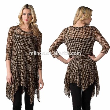 Women's 3/4 Sleeve Asymmetrical Bottom Diamond Print Tunic Fancy Skirt Tunic Top Designs Latest