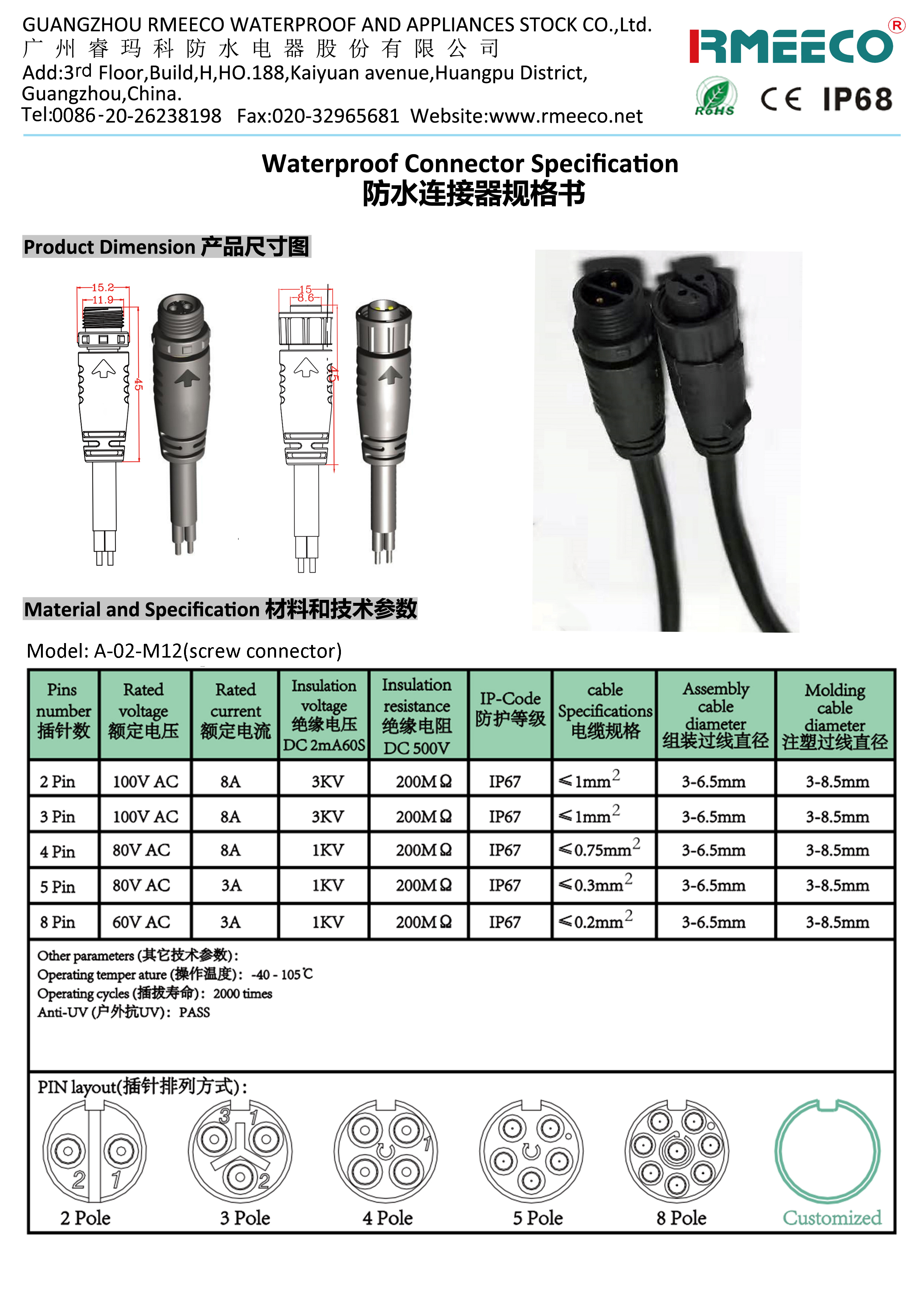 M12 LED lighting Waterproof Cable Connector