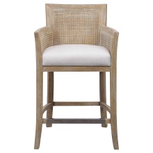 Cafe Bar Chair with High Backrest, Solid Wood and Rattan Fabric with Soft Cushion