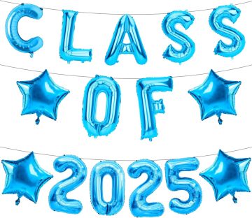 Blue graduation balloons for the class of 2025