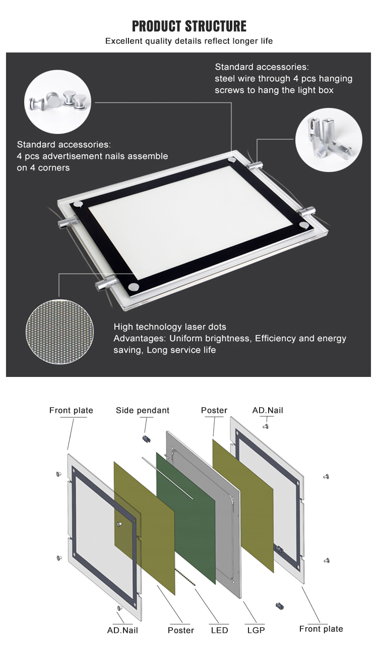 Indoor LED backlit lighting panel poster printing wall mounted super thinnest picture frame transparent Acrylic light box