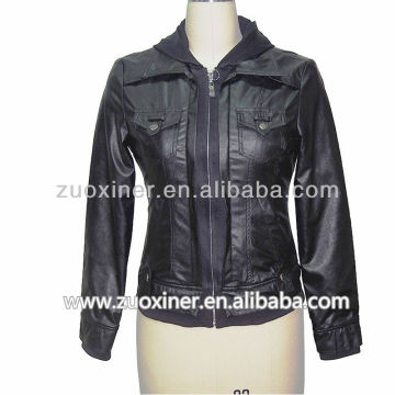 Hoody black PU jacket, motorbike leather jacket for lady