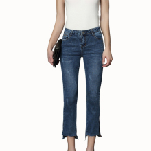 Scratches Raw Edge Side Slit Jeans with Nine Cut for Women
