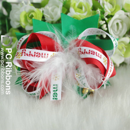 Celebrate Christmas Print Grosgrain Ribbon Bow with Feather