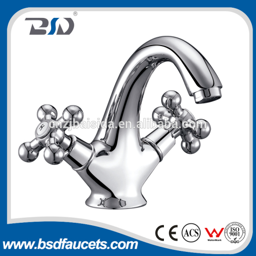 golden/chrome finish dual handle deck mounted chrome plated brass bathroom wash basin faucet basin mixer