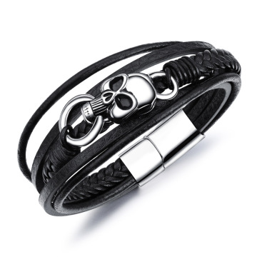 Black leather stainless steel skull bracelet