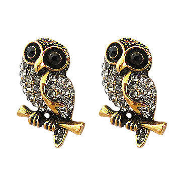 Owl stud earrings, crystal inlay, animal design, cute, antic-gold