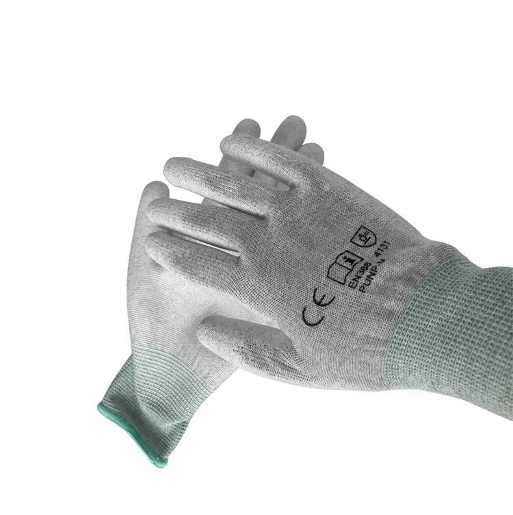 OEM Logo 13 Gauge Polyester Knitted Conductive Carbon Filament PU Coated Anti-static Gloves