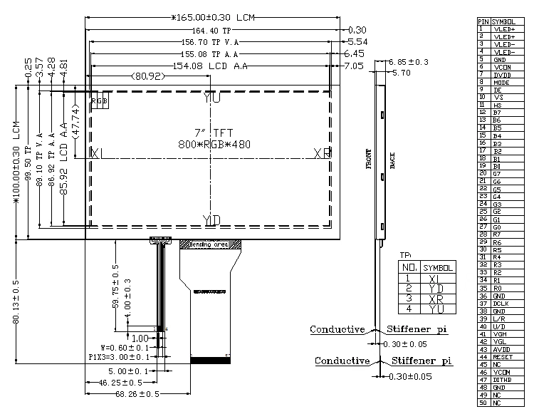 7" TFT Resolution 800X480 High Brightness TFT LCD Display with Resistive Touch Screen